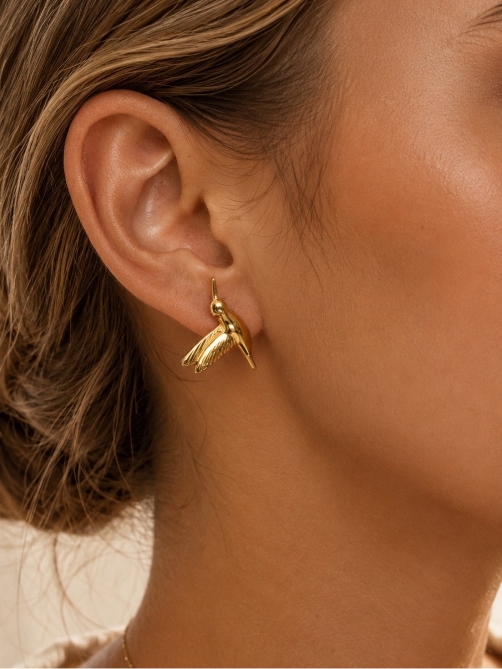 Gold Hummingbird Bird Earrings